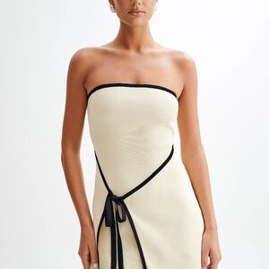 Meshki Cream Strapless Mini Dress with Black Trim